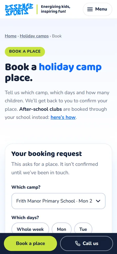 The Essence Sports booking form on a phone