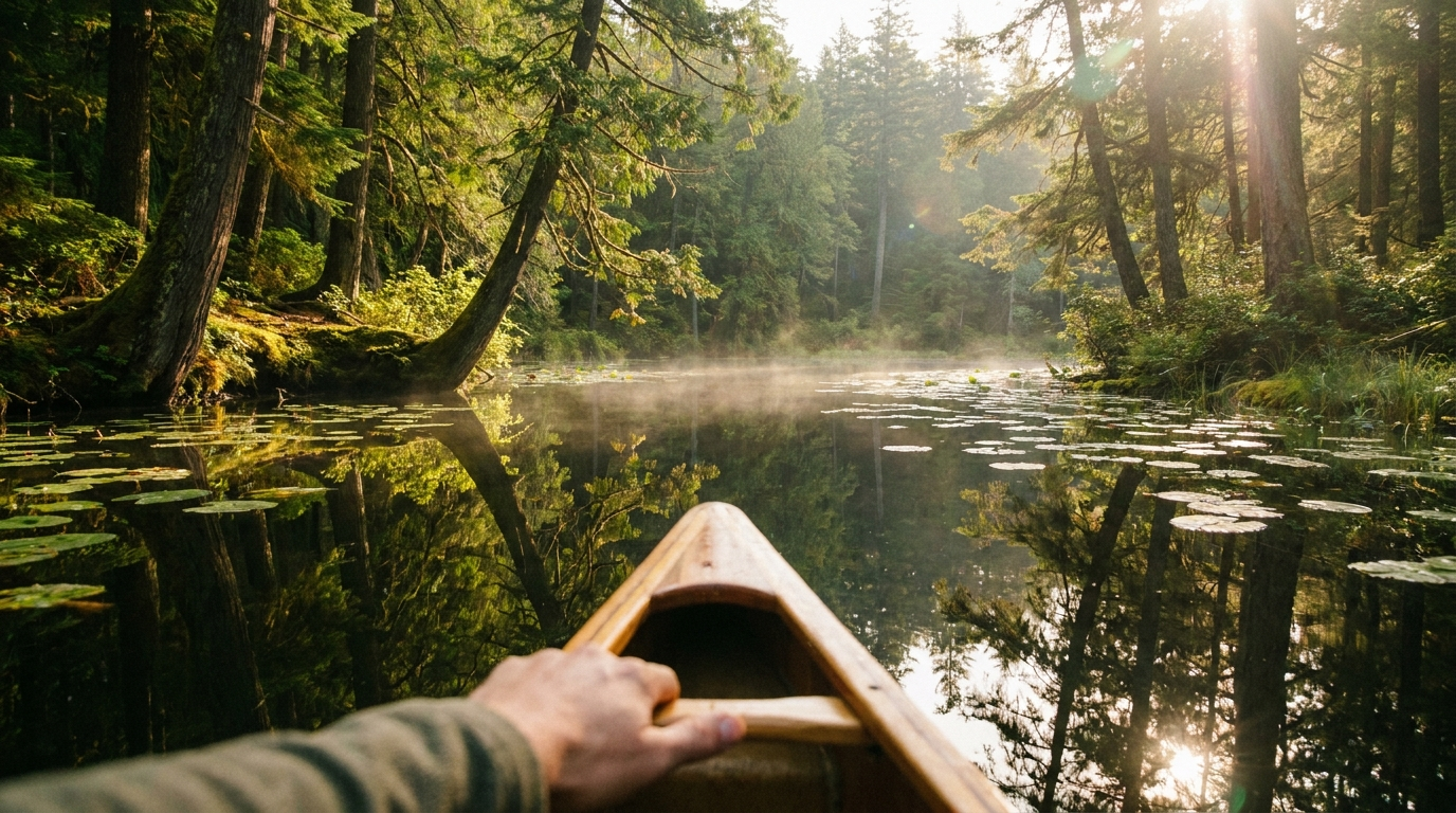 A still pond reflecting the forest canopy